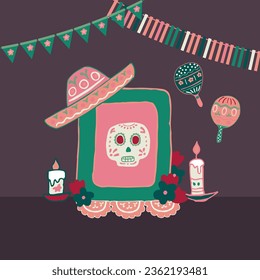 Mexico Dia de Los Muertos Altar with sugar skull and candles. Square frame. Skull, flowers, garlands, flags. Mexican National Holiday Day of the dead. Congratively postcard, banner. Vector illustratio