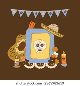 Mexico Dia de Los Muertos Altar with sugar skull and candles. Square frame. Skull, flowers, garlands, flags. Mexican National Holiday Day of the dead. Congratively postcard, banner. Vector illustratio