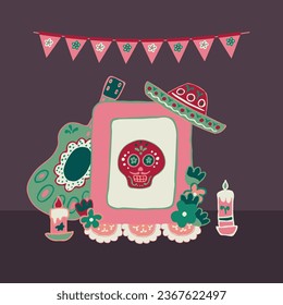 Mexico Dia de Los Muertos Altar with sugar skull and candles. Square frame. Skull, flowers, garlands, flags. Mexican National Holiday Day of the dead. Congratively postcard, banner. Vector illustratio