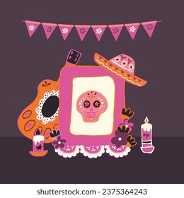 Mexico Dia de Los Muertos Altar with sugar skull and candles. Square frame. Skull, flowers, garlands, flags. Mexican National Holiday Day of the dead. Congratively postcard, banner. Vector