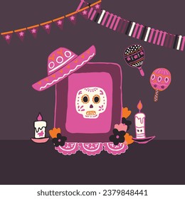 Mexico Dia de Los Muertos Altar with sugar skull and candles. Square frame. Skull, flowers, garlands, flags. Mexican National Holiday Day of the dead. Congratively postcard, banner. Vector 