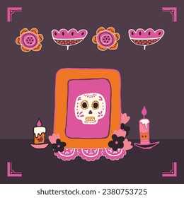 Mexico Dia de Los Muertos Altar with sugar skull and candles. Square frame. Skull, flowers, garlands, flags. Mexican National Holiday Day of the dead. Congratively postcard, banner. Vector illustratio