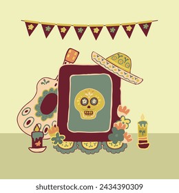 Mexico Dia de Los Muertos Altar with sugar skull and candles. Square frame. Skull, flowers, garlands, flags. Mexican National Holiday Day of the dead. Congratively postcard, banner. Vector illustratio