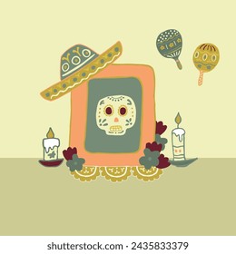 Altar del Día de los Muertos con calavera de azúcar y velas. Marco cuadrado. Calavera, flores, guirnaldas, banderas. Fiesta Nacional Mexicana de los Muertos. Felicitaciones postal, banner. Vector