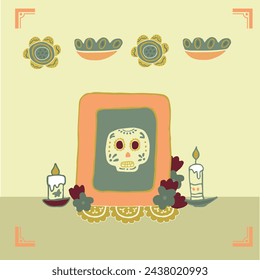 Altar del Día de los Muertos con calavera de azúcar y velas. Marco cuadrado. Calavera, flores, guirnaldas, banderas. Fiesta Nacional Mexicana de los Muertos. Felicitaciones postal, banner. Vector