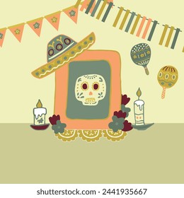 Altar del Día de los Muertos con calavera de azúcar y velas. Marco cuadrado. Calavera, flores, guirnaldas, banderas. Fiesta Nacional Mexicana de los Muertos. Felicitaciones postal, banner. Ilustración vectorial