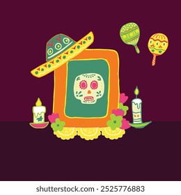 Mexico Dia de Los Muertos Altar with sugar skull and candles. Square frame. Skull, flowers, garlands, flags. Mexican National Holiday Day of the dead. Congratively postcard, banner. Vector 