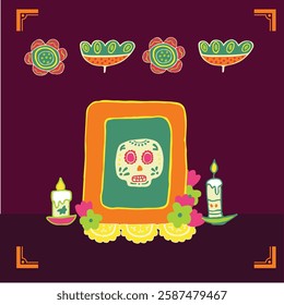 Mexico Dia de Los Muertos Altar with sugar skull and candles. Square frame. Skull, flowers, garlands, flags. Mexican National Holiday Day of the dead. Congratively postcard, banner. Vector