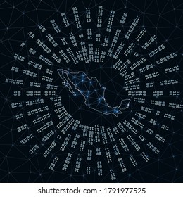 Mexico digital map. Binary rays radiating around glowing country. Internet connections and data exchange design. Vector illustration.