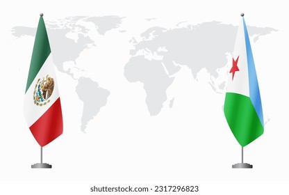Mexico and Djibouti flags for official meeting against background of world map.