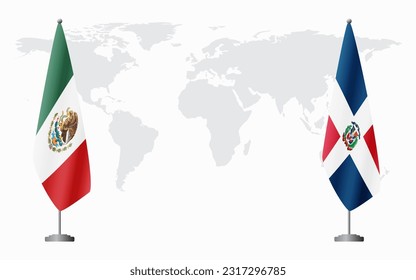 Mexico and Dominican flags for official meeting against background of world map.