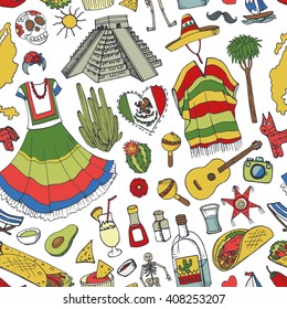 Mexico doodle elements seamless pattern,holiday set.Vector Hand drawn sketchy icons.Vintage Mexico design background,wallpaper.Mexican food,dress,signs,tequila,cactus,map.Chinco de Mayo Illustration