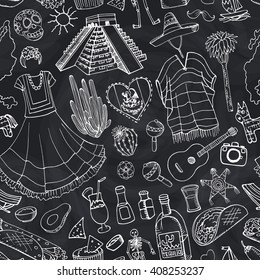 Mexico doodle elements seamless pattern,holiday set.Vector Hand drawn sketchy icon.Vintage Mexico design background,wallpaper.Mexican food,dress,signsCinco de Mayo Illustration,Chalkboard background