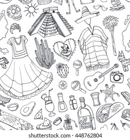 Mexico doodle elements seamless pattern,holiday set.Vector Hand drawn sketchy icons.Vintage historic Outline design background,wallpaper.Mexican food,dress,signs,tequila,cactus,map. Retro Illustration