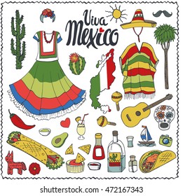 Mexico doodle elements,holiday set,lettering.Vector Hand drawn sketchy icons.Chico de Mayo Vintage historic color design background.Mexican food,dress,signs. Lettering in Spanish.Retro Illustration