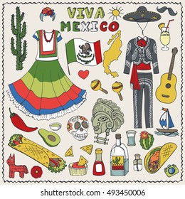 Mexico doodle elements,holiday set,lettering.Vector Hand drawn sketchy icons.Vintage historic color design background.Mexican food,dress,signs. Lettering in Spanish.Retro Illustration