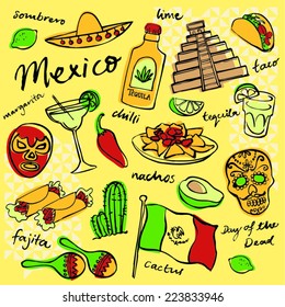 Mexico doodle icons set