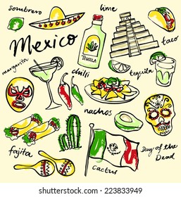 Mexico doodle icons set