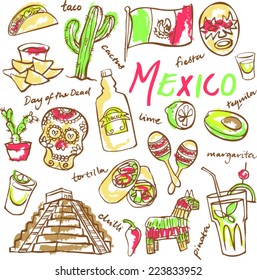 Mexico doodle icons set