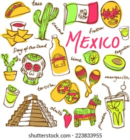 Mexico doodle icons set