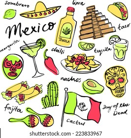 Mexico doodle icons set