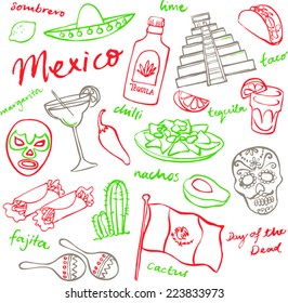 Mexico doodle icons set