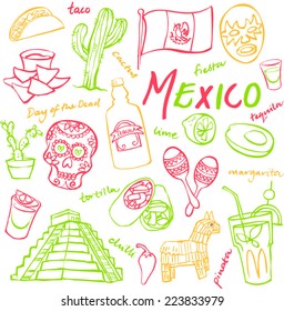 Mexico doodle icons set