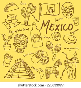 Mexico doodle icons set