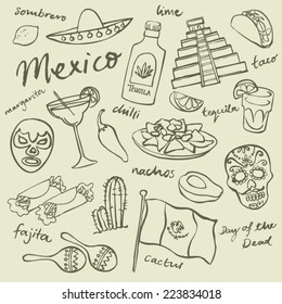 Mexico doodle icons set