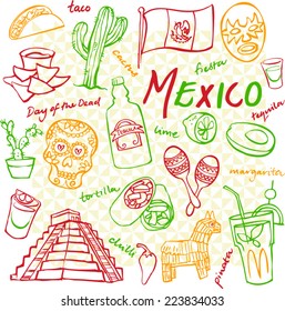 Mexico doodle icons set