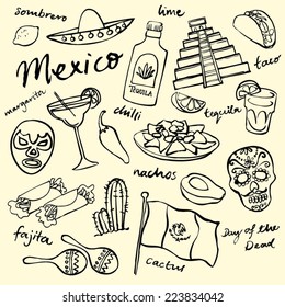 Mexico doodle icons set