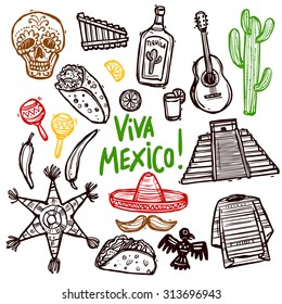 Mexico doodle icons set with hand drawn food and culture symbols isolated vector illustration