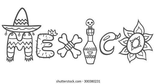 Mexico doodle icons set, Mexican doodle logo, Mexico lettering and doodles elements background. Vector illustration isolated on white background