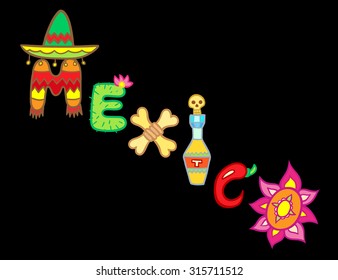 Mexico doodle icons set, Mexican doodle logo, Mexico lettering and doodles elements background. Vector illustration isolated on black background