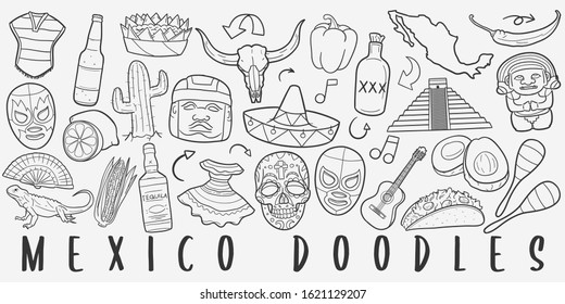 Mexico Doodle Line Art Illustration. Hand Drawn Vector Clip Art. Banner Set Logos.