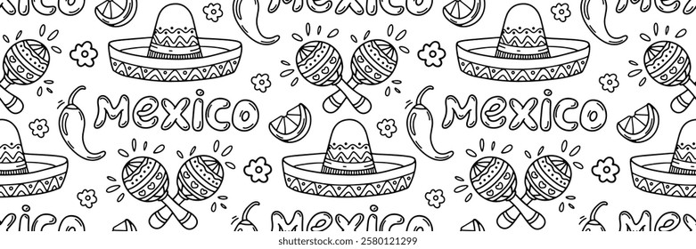 Mexico doodle pattern. Cinco de mayo celebration background. musical instruments maracas, sombrero hat and chili pepper. For wallpaper or fabric. Hand drawn Vector outline illustration.