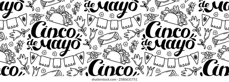 Mexico doodle pattern. Cinco de mayo celebration background. Mexican food taco, burritos and flags. Holiday hand drawn lettering. For wallpaper or fabric. Vector outline illustration.