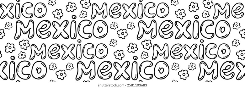 Mexico doodle pattern. Cinco de mayo celebration background. Hand drawn lettering and flowers. For wallpaper or fabric. Hand drawn Vector outline illustration.