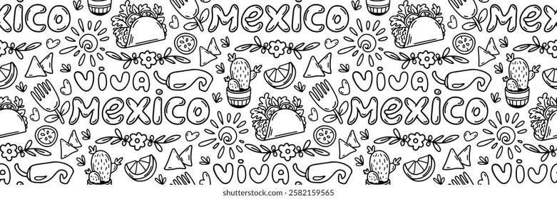 Mexico doodle pattern. Cinco de mayo celebration background. Delicious traditional Mexican cuisine taco, chili. Mexico lettering. For wallpaper or fabric. Hand drawn Vector outline illustration.