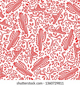 Mexico doodle pattern with sombrero, cactus and coctail margarita. Red background for paper and cover.