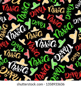 Mexico doodle pattern with sombrero and hand lettering. Colorful pattern on black