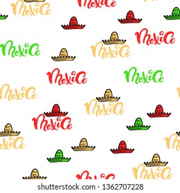Mexico doodle pattern with sombrero and hand lettering. Colorful pattern