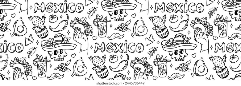 Mexico doodle seamless pattern. Cinco de mayo celebration background. Mexican food taco, avocado chili, tequila, sombrero scull and other culture elements. For wallpaper or fabric. Vector illustration