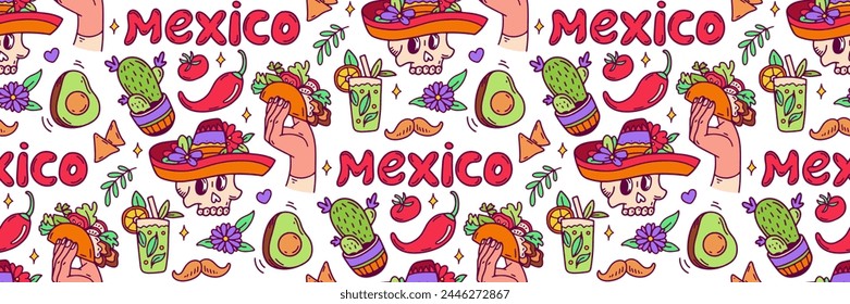 Mexico doodle seamless pattern. Cinco de mayo celebration background. Mexican food taco, avocado chili, tequila, sombrero scull and other culture elements. For wallpaper or fabric. Vector illustration