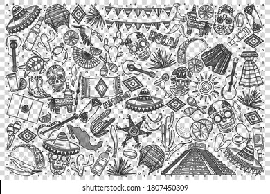 Mexico doodle set. Collection of hand drawn sketches templates of mexican culture architecture and national cuisine on transparent background. Latin american country tratidions illustration.