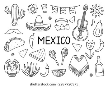 Mexico doodle set. Elements of mexican culture: maracas, poncho, cactus, taco, burrito in sketch style. Hand drawn vector illustration isolated on white background