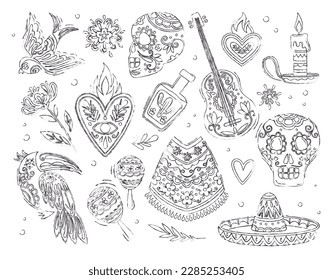 Mexico doodle style set. Minimalistic skulls and hearts with flowers. Traditional holiday, Dia de los muertos and Day of deads. Cartoon flat vector illustrations isolated on white background