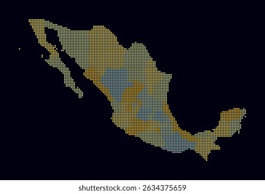 Mexico dotted map. Digital style map of the country on dark background. Mexico shape with square dots. Colored dots style. Small size squares. Amazing vector illustration.