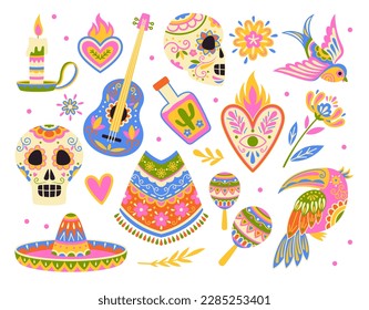 Colección de elementos México. Dia de los muertos, día de muertos. Calaveras, maracas, sombrero, guitarra y corazones con estampados florales. Ilustraciones de caricaturas de vectores planos aisladas en fondo blanco