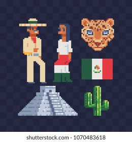 Mexico elements pixel art icons Part 2, man and woman in traditional clothes character and Mexican national flag, Mayan pyramid landmark isolated vector illustration. Design logo, app, sticker. 8-bit.